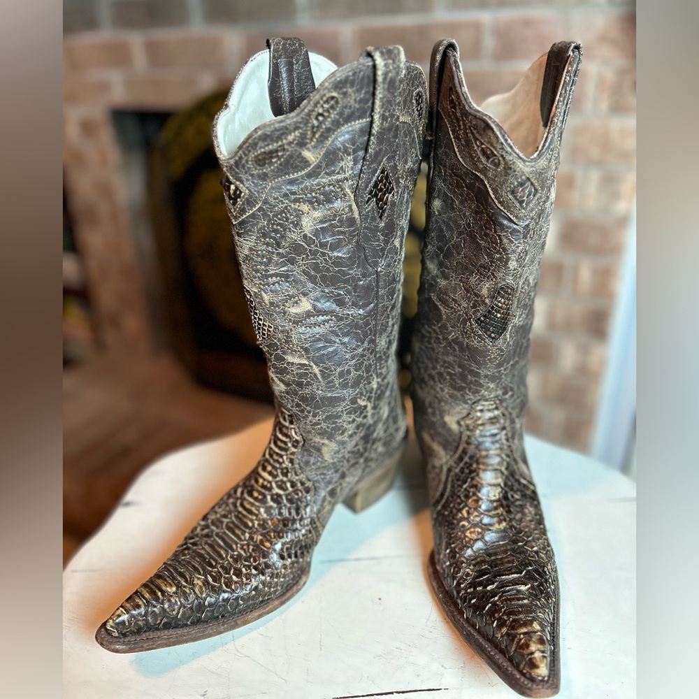 Frida Cuadra Snakeskin Brown Western Heeled Cowgirl Boots Size 9